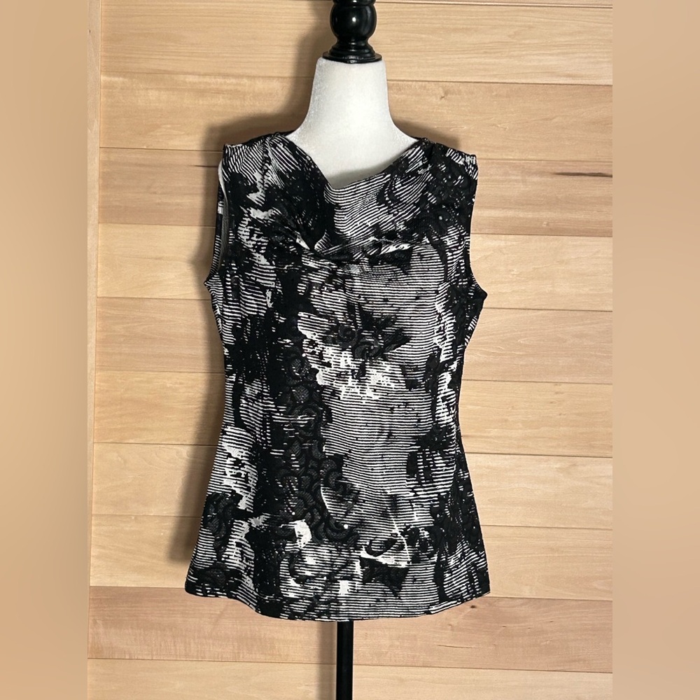 Cleo petites size medium, black white sequence sleeveless flower print cowlneck